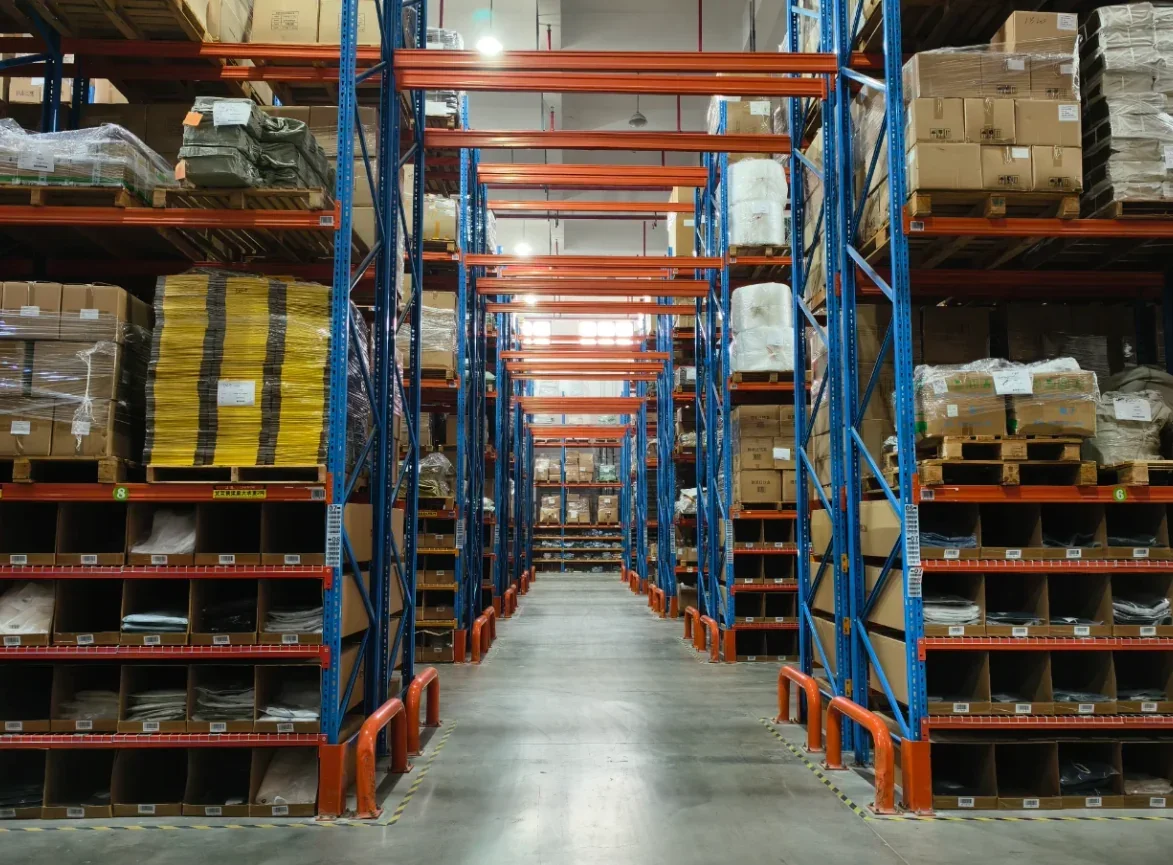 Warehouse aisle with organized storage racks