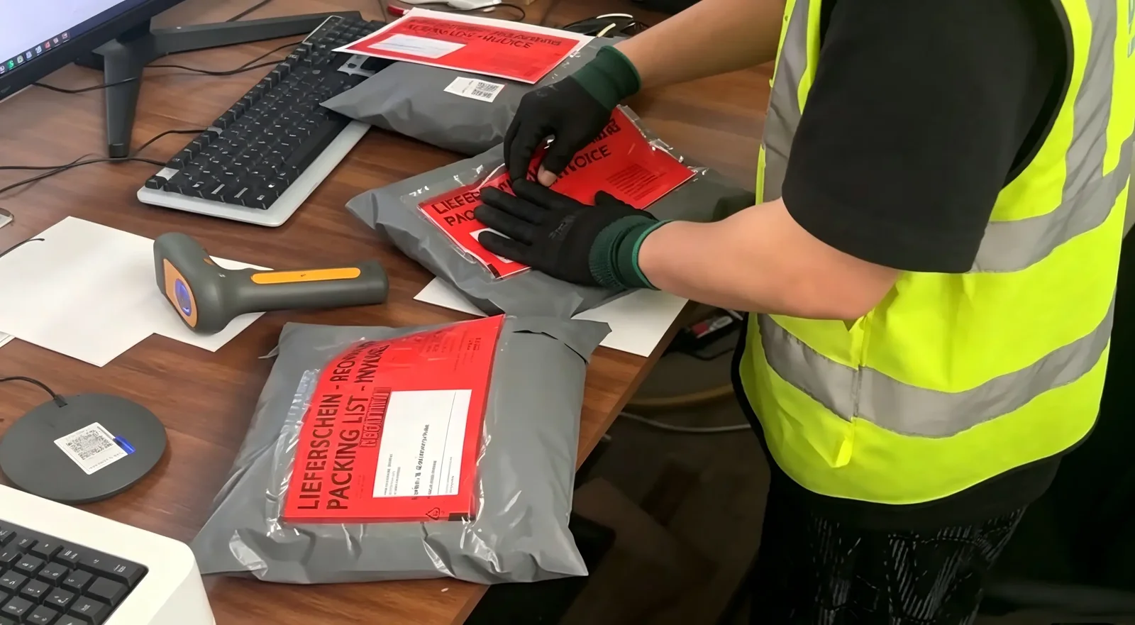 Worker checking a small parcel beside a scale
