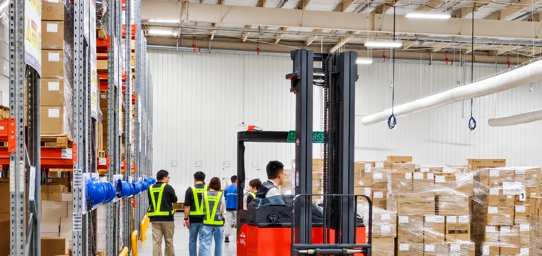 Warehouse receiving team handling pallet inventory