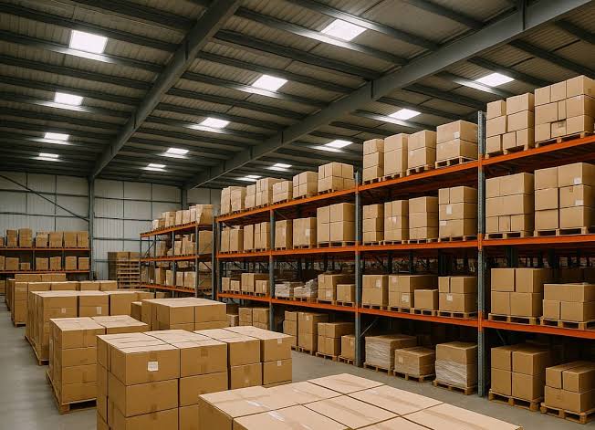 A modern Guangzhou fulfillment warehouse with tall orange shelving units filled with cardboard boxes on pallets, and more boxes stacked on the floor in the foreground.