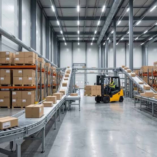 A modern warehouse in Guangzhou with automated conveyor belts carrying cardboard boxes, and a worker operating a yellow forklift in the background.