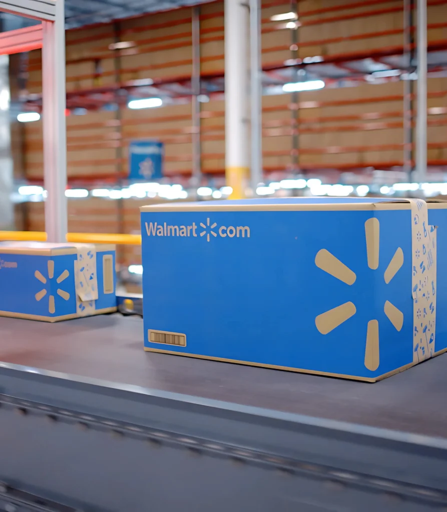 Blue Walmart.com branded shipping boxes on a warehouse conveyor belt, ready for sorting and fulfillment.